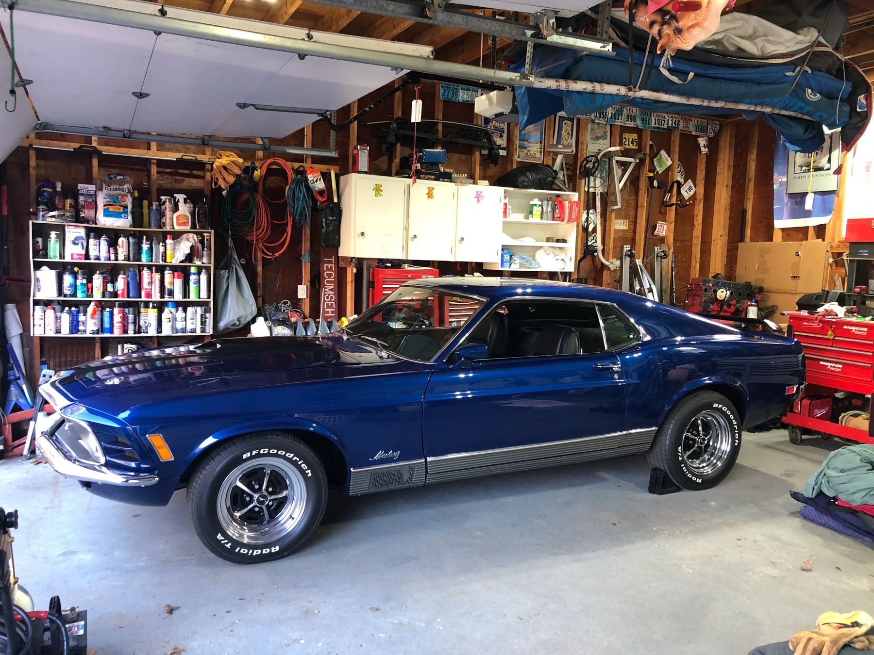 A Mustang Mach 1 in the garage